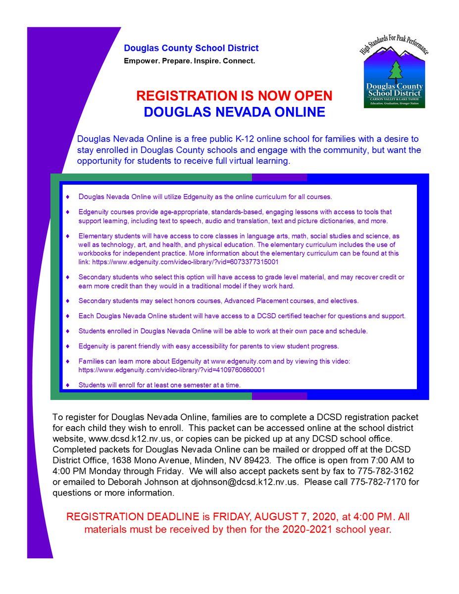 Registration for Douglas Nevada Online is now open.  Registration deadline is Friday, August 7, 2020 at 4:00 PM.
