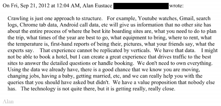 Google worried that if they didn't become the search leader in verticals like travel, local, etc. other companies might be able to compete... And then they talk about how owning general search data gave them a unfair advantage over other players.The quiet part is so loud!/9