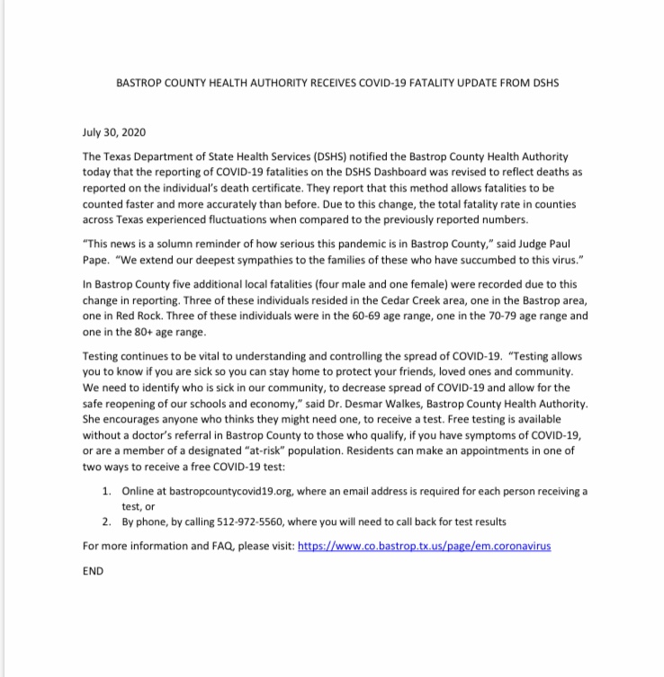 BastropCntyOEM's tweet image. Bastrop County COVID-19 deaths increase by 5 to 17 total deaths due to change in DSHS reporting.