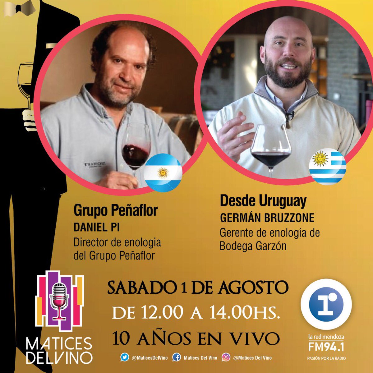 Matices Del Vino (@maticesdelvino) on Twitter photo Este sábado tendremos un programa Internacional estaremos junto a <a href="/germanbruzzone/">German Bruzzone</a> de <a href="/BodegaGarzon/">Bodega Garzón</a> en 🇺🇾 y al gran <a href="/danielpi314/">Daniel Pi</a> de <a href="/trapichearg/">Trapiche</a>
Sumate desde las 👉 ⏰12 hs 📻 Escuchanos en el 94.1 FM, <a href="/LaRedMendoza/">La Red Mendoza 94.1</a> <a href="/CristianMoor/">Cristian Moor 🇦🇷🍷</a> <a href="/SoyLisandro/">Soylisandro</a> <a href="/ROMISOMMELIER/">Romina Rolon</a> <a href="/Fede_Manrique/">Federico Manrique</a> Este sábado tendremos un programa Internacional estaremos junto a <a href="/germanbruzzone/">German Bruzzone</a> de <a href="/BodegaGarzon/">Bodega Garzón</a> en 🇺🇾 y al gran <a href="/danielpi314/">Daniel Pi</a> de <a href="/trapichearg/">Trapiche</a>
Sumate desde las 👉 ⏰12 hs 📻 Escuchanos en el 94.1 FM, <a href="/LaRedMendoza/">La Red Mendoza 94.1</a> <a href="/CristianMoor/">Cristian Moor 🇦🇷🍷</a> <a href="/SoyLisandro/">Soylisandro</a> <a href="/ROMISOMMELIER/">Romina Rolon</a> <a href="/Fede_Manrique/">Federico Manrique</a>