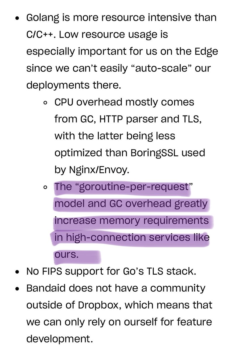 2. - goroutine-per-request” model and GC overhead greatly increase memory req in high-connection services.- thread per request model allows better security than pre-forking servers (Nginx, unicorn, gunicorn etc.)PS  @mattklein123 any plans for adopting io_uring in envoy?