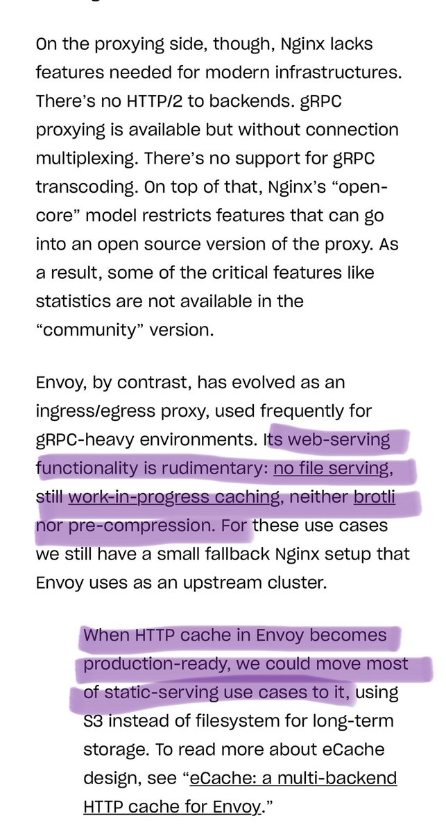 6. As early as 2017, I raised the issue about the need for caching in envoy. See this  https://twitter.com/copyconstruct/status/936411055923662849?s=21 Nginx started as a web server and evolved to be the standard issue reverse proxy. NoEnvoy started out explicitly as a ... sophisticated, hackable L4/L7 proxy.