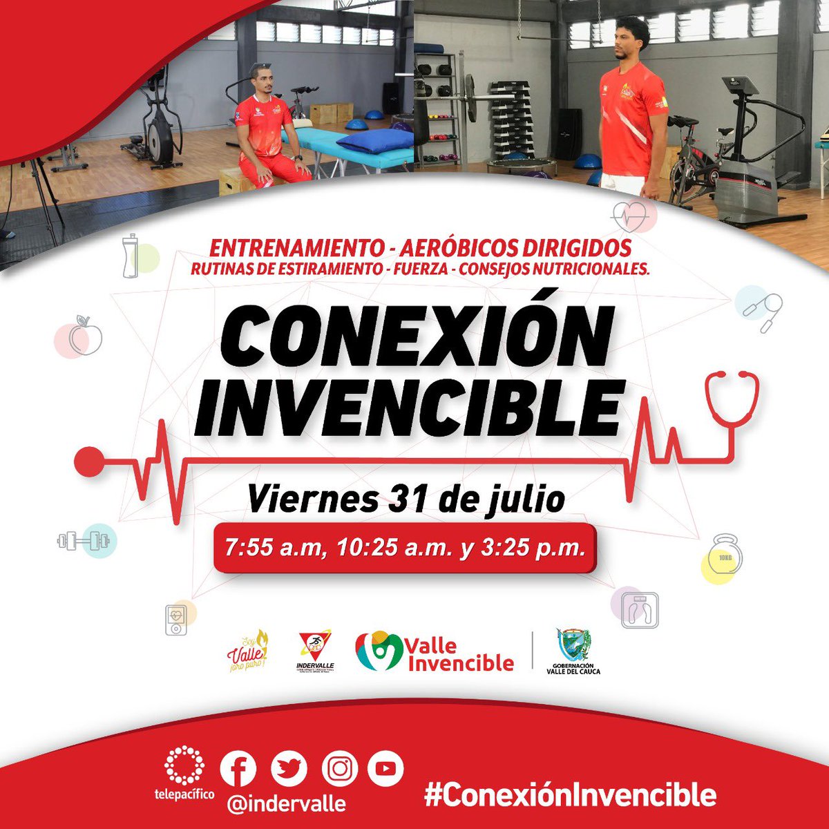 Indervalle's tweet photo. Cierra tu semana, activo con las mejores rutinas y entrenamiento 💪🏼 de postura corporal, 🤸🏽‍♂️que te trae el programa Conexión Invencible y los  profesionales del Centro de Medicina de Indervalle.
Te esperamos 7:55 a.m. 🕗 
 Por nuestras redes sociales 📲 y por @TelepacificoTV https://t.co/P419dlFHiB