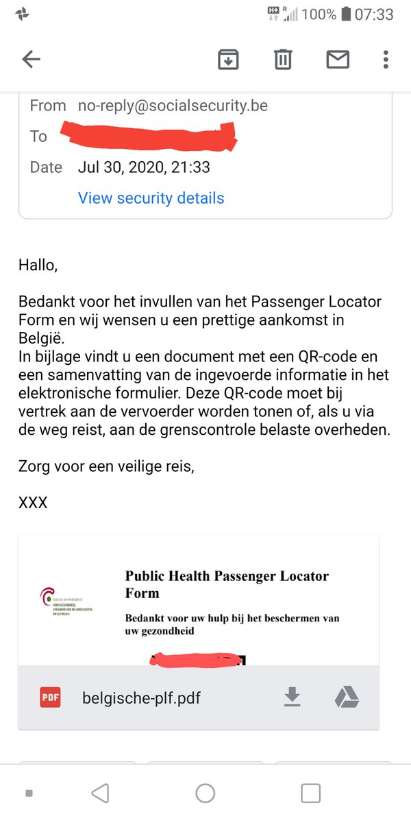 christopheva's tweet photo. We have to fill in a Passenger Locator Form when traveling back to #Belgium. The response mail ends with XXX, a bit personal I think. Thank you government? 🤔 #SocialSecurity #coronavirus https://t.co/wK1514NN5t