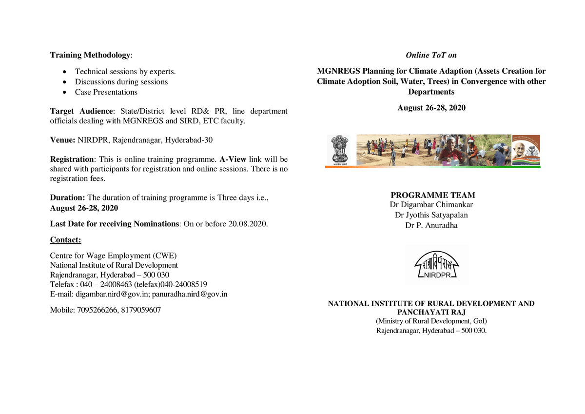 NIRDPR_India's tweet photo. 3 Day #OnlineTraining of #Trainers (ToT) Programme on "#MGNREGS Planning for #ClimateAdaption (Assets Creation for #ClimateAdoption Soil, Water, Trees) in convergence with other Departments", to be organized by @NIRDPR_India on Aug. 26-28, 2020

Last Date- On or before 20.08.2020 https://t.co/83fIS5fgfn