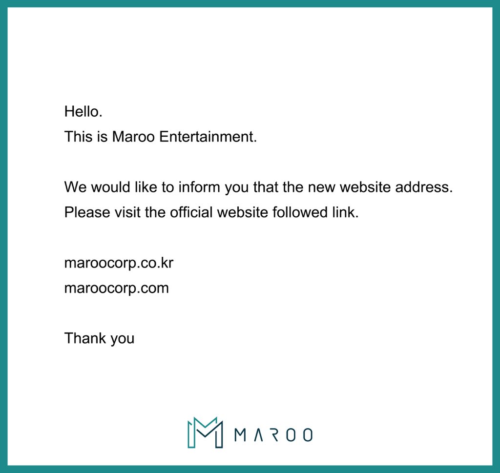 maroo_ent's tweet photo. [공지]

안녕하세요.
마루기획입니다.

마루기획 공식 홈페이지 리뉴얼에 따른 새로운 홈페이지 주소 안내드립니다. 아래 링크를 통해 공식 홈페이지 이용 부탁드립니다.

https://t.co/BV3gJhXZT6  
https://t.co/nJLkswyww1 https://t.co/T4OHYrxr8L