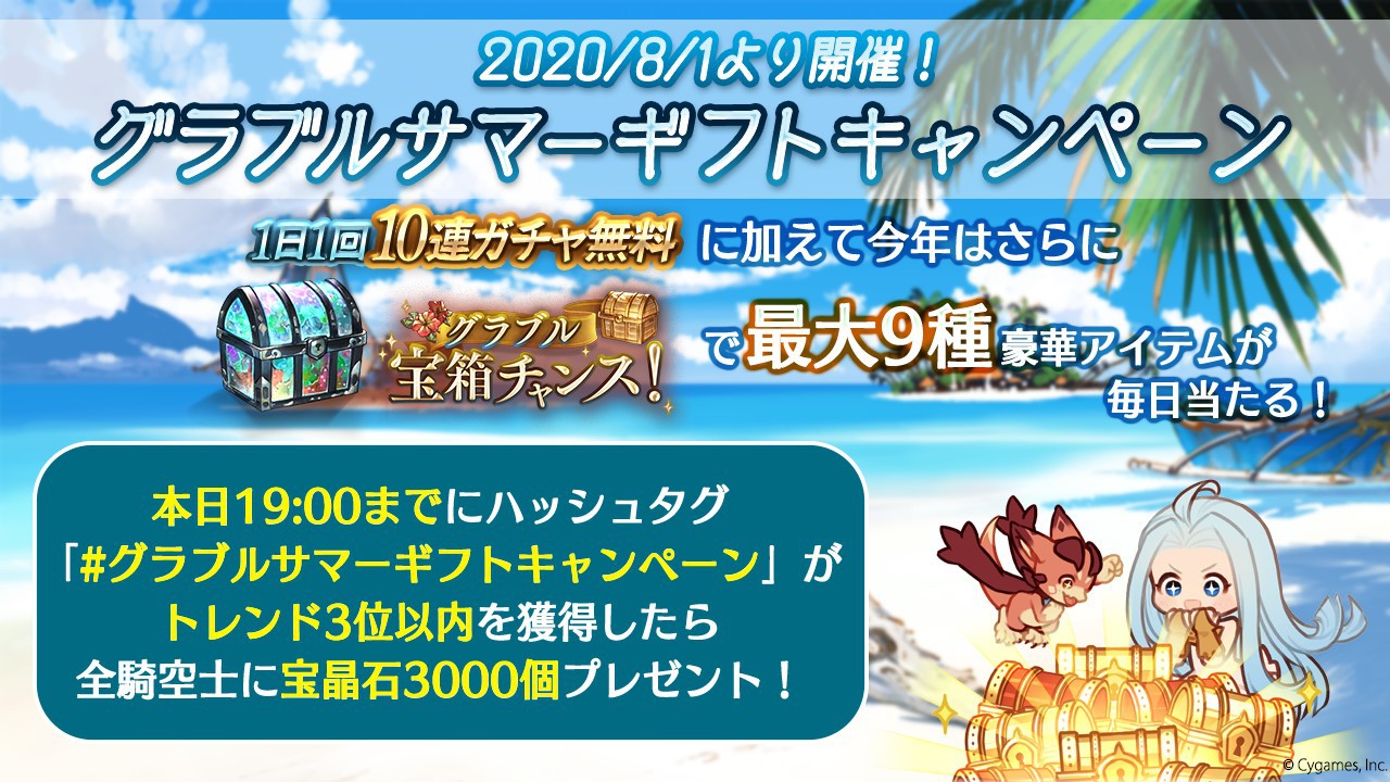グランブルーファンタジー グランブルーファンタジー 明日8 1から グラブルサマーギフトキャンペーン 開催 本日17 00までに グラブルサマーギフトキャンペーン がトレンド3位以内を獲得したら全騎空士に宝晶石3000個をプレゼント 詳細はこちら