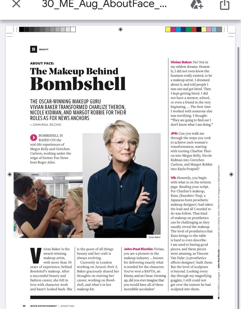 Jpricchio's tweet image. My interview with @TheAcademy @BAFTA @TheEmmys award winning make up artist #vivianbaker chatting with me all about @bombshellmovie  for @MovieEntMag