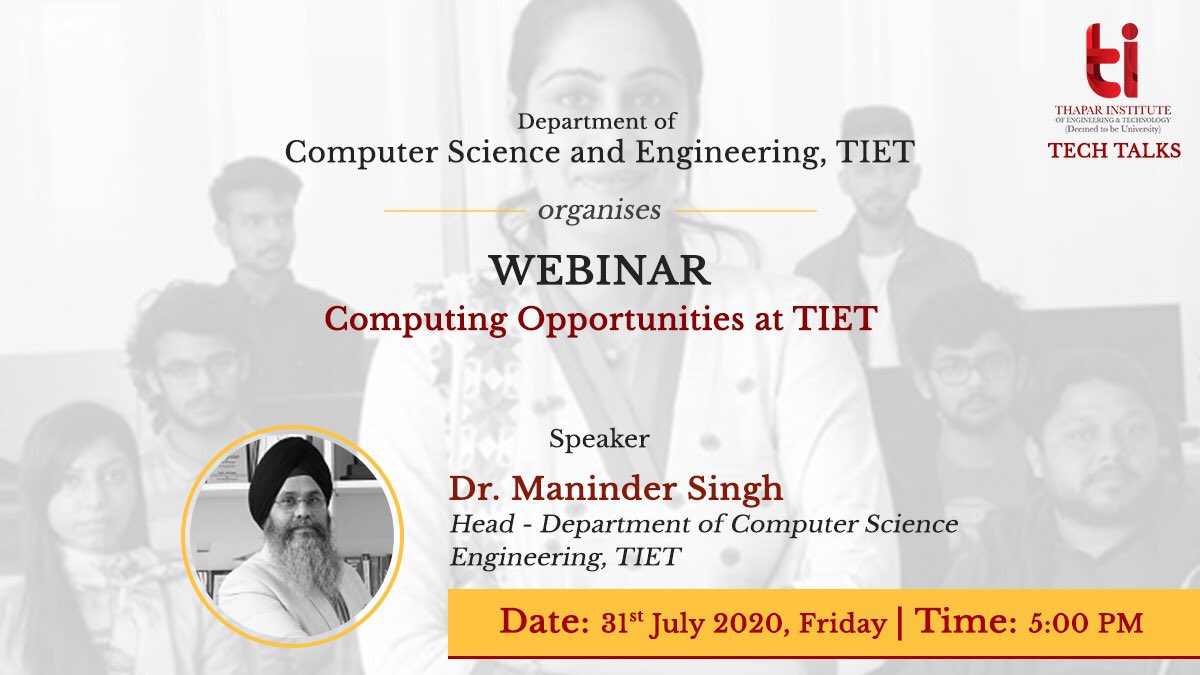 TIETofficial's tweet image. #DepartmentofComputerScienceandEngineering, TIET organises an insightful #webinar highlighting the eligibility criteria, global partnerships, placements, industry recruiters, etc of the CSE (Patiala &amp;amp; Derabassi), #ComputerEngineering &amp;amp; Computer Science &amp;amp; Business Studies program.