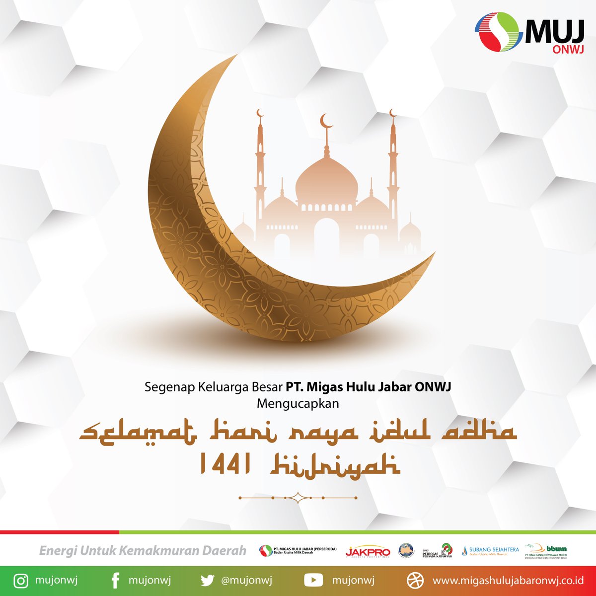MujOnwj's tweet photo. Segenap Keluarga Besar PT. Migas Hulu Jabar ONWJ Mengucapkan Selamat Hari Raya Idul Adha 1441 Hijriyah

#migashulujabar
#jakpro
#petrogaskarawang
#bumiwiralodraindramayu
#subangsejahtera
#binabangunwibawamukti
#jabarjuara
#jabarjuaralahirbatin
#energiuntukkemakmurandaerah https://t.co/N5WV83oqzq