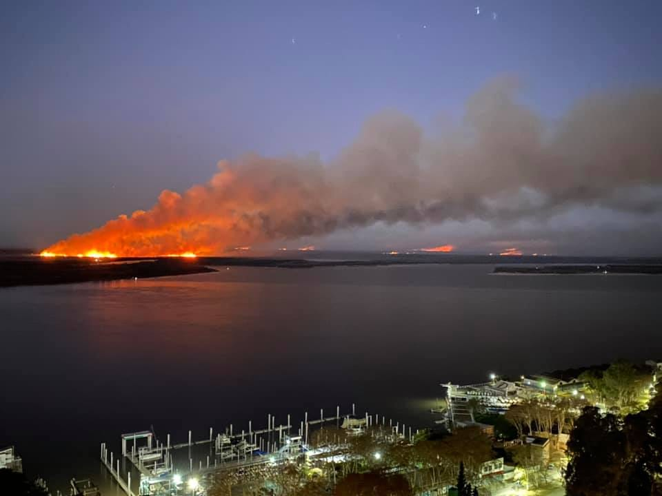 matiaslongoni's tweet photo. Más postales: de nuevo fuego frente a Rosario. 
Los productores juran que ellos no son, que no es la época, que para los rebrotes las quemas se hacen a fin de agosto. ¿Quién es entonces el que enciende fuegos tan distantes entre si? ¿Es acaso la naturaleza que quiere provocarnos? https://t.co/tmBmHQbdHQ