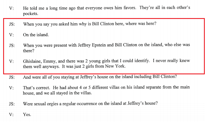 Witness interview:Bill Clinton was at Epstein's island with Jeffrey Epstein, Ghislaine Maxwell, and "2 young girls."