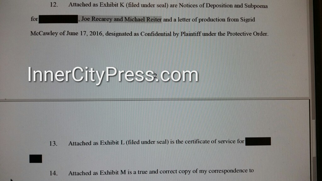 "filed under seal are Notices of Deposition and Subpoena for [STILL REDACTED], Joe Recarey and Michael Reiter... certificate of service for [STILL REDACTED]"  http://www.innercitypress.com/sdny12maxwellperjuryicp072020.html