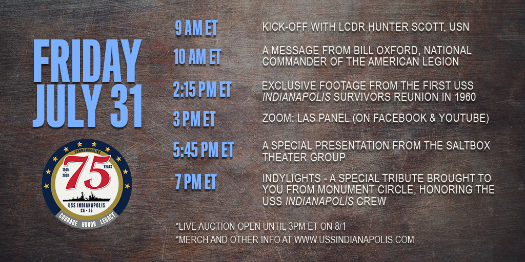 USSIndyOfficial's tweet photo. Day 2 of the USS Indianapolis Virtual Reunion! Hope to see everyone at today's events.

Don't forget that the virtual auction is still open until 3pm ET tomorrow and reunion merch can be found here: https://t.co/YXfH9TaKBq https://t.co/4I3A22F1AB