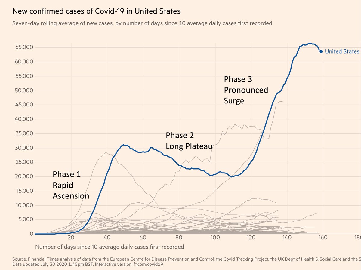 4 months of the US pandemic1st reported death Feb 29th, now >152,000 deaths1. Phase 1, no testing capacity, rapid spread, ascension to 30,000 cases 2. Phase 2, an 80-day plateau, 20-30,000 cases and ~2,000 deaths per day 3. Phase 3, a 3X surge of cases, new plateau 60-70K/day