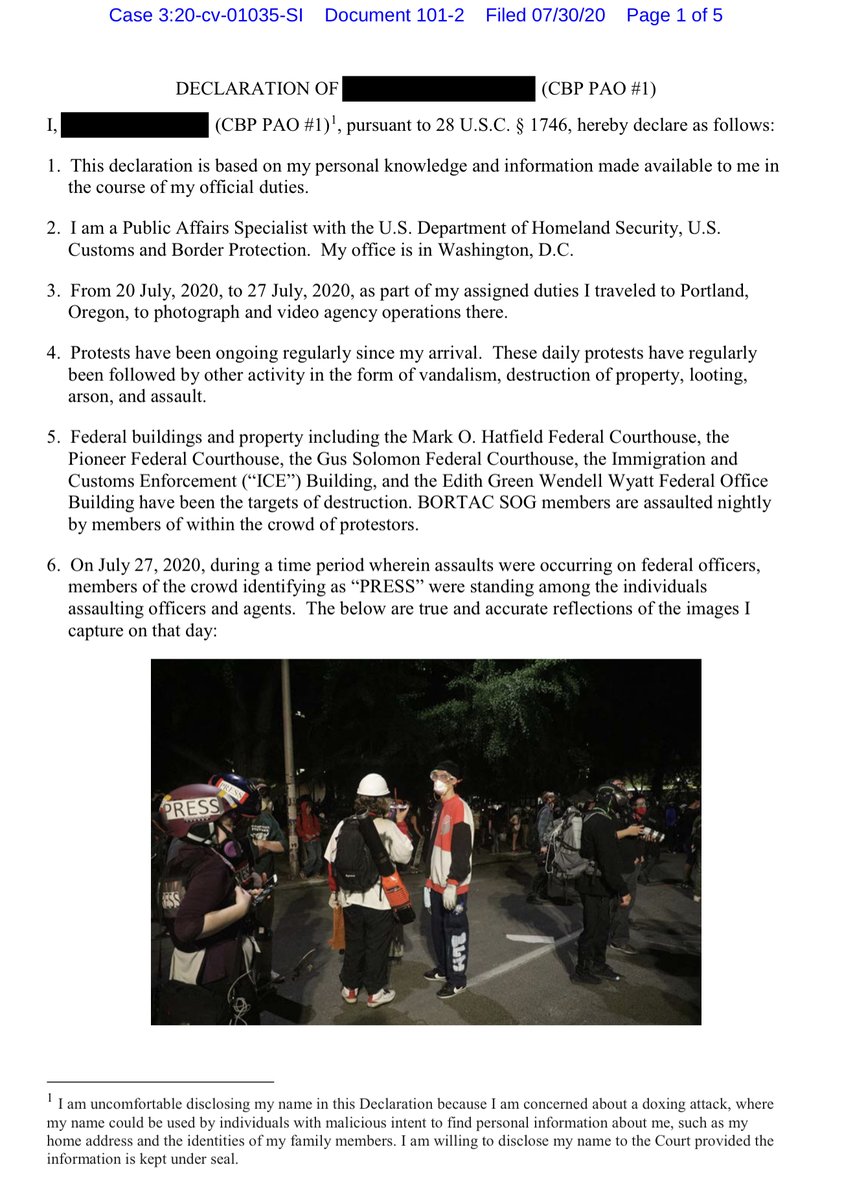 Exhibit Declaration of CBP PAO #1I don‘t mean to sound like a jerk but I don‘t see how this is a winnable argument because if they “violent criminal was posing as a member of the Press” where is the criminal compkaint? https://ecf.ord.uscourts.gov/doc1/15117622631