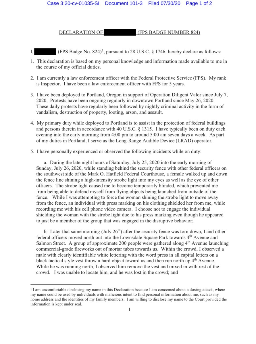 Exhibit Declaration of FPS Badge No. 824again this was before the TRO was grantedThis “Criminal“ isn’t a plaintiff nor had been indentified as a member of the PressThis seems like distraction from the actual bodily violence inflicted on the Plaintiffs https://ecf.ord.uscourts.gov/doc1/15117622632