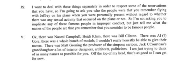 Heidi Klum, Naomi Campbell, Al Gore, Bill Clinton and Matt Groenig all travelled on Jeffrey Epstein's plane with underage girls.