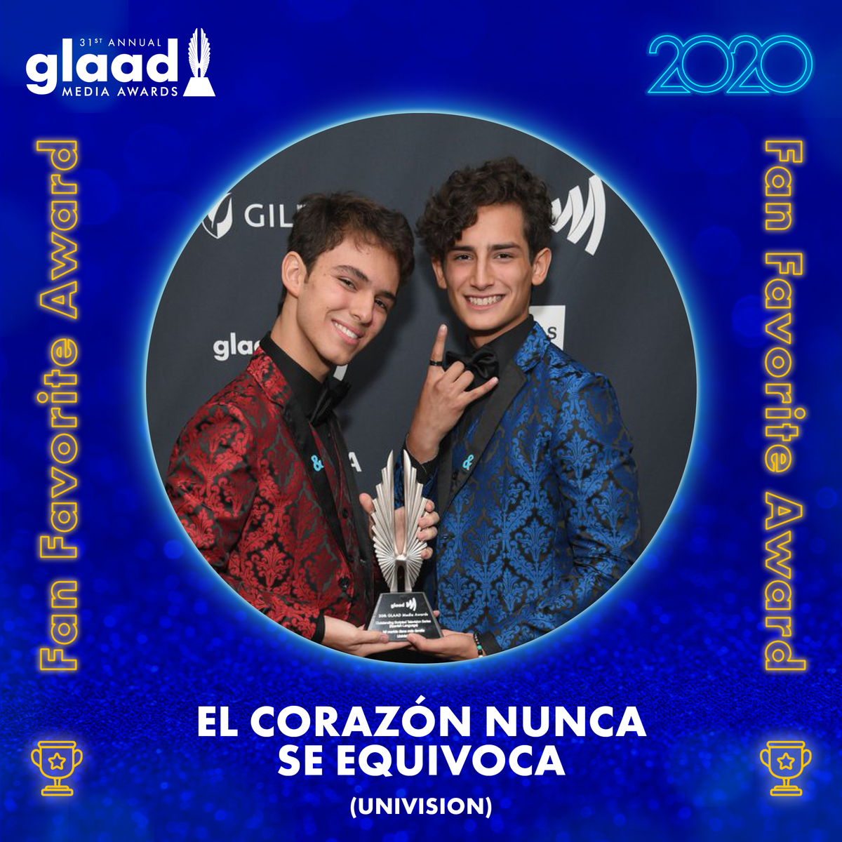 glaad's tweet photo. 🥁🥁🥁

The votes are in. The fandoms have spoken. The winner of our first ever #GLAADawards TV Fan Favorite Award is El Corazón Nunca Se Equivoca! 

Use #GLAADawards in your posts while you celebrate! https://t.co/nytr7H7Ftc