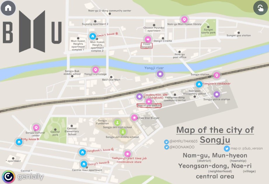 2.Seokjin- The huge Map of Songju City Items he has marked on the map include, JK's , YG and his own house, NJ's container , petrol station, police stationthe smeraldo shop, library hoseok's orphanage etc.map cr  @Sub_versi0n