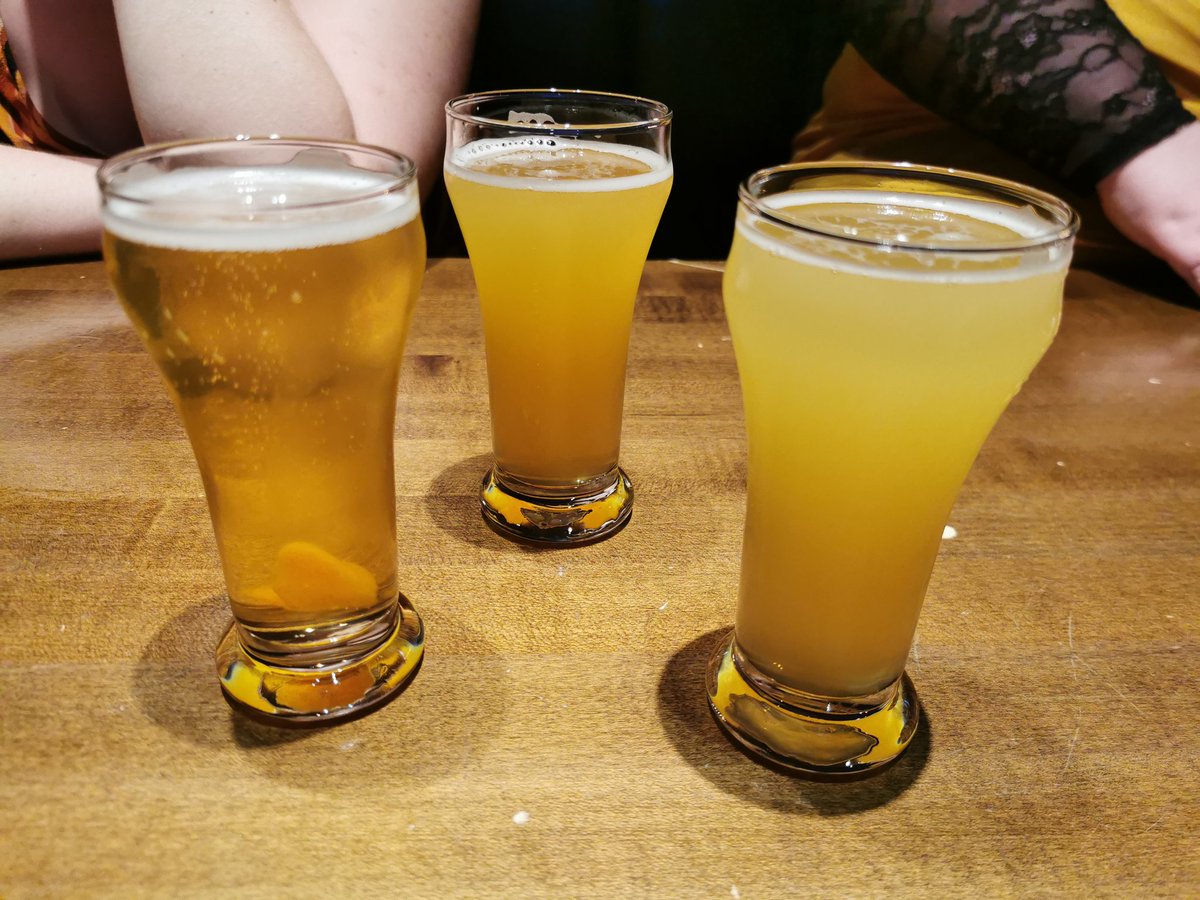 Thisisthetag's tweet photo. Hitting @RevolutionYEG for some always great food and drink. Patio is open but we got our spot. L: 52st peach ale C: seas the day pineapple Hefeweizen R: Reaper of death double neipa https://t.co/iWT86BrMEv