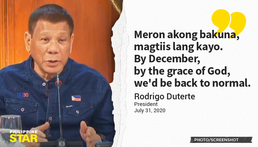 PhilippineStar's tweet photo. ‘MERON AKONG BAKUNA’

President Duterte holds onto China’s promise that they will give priority to the Philippines once vaccine for COVID-19 is developed, stressing that by December, everything will be back to normal. https://t.co/GnznJ9Ntrd