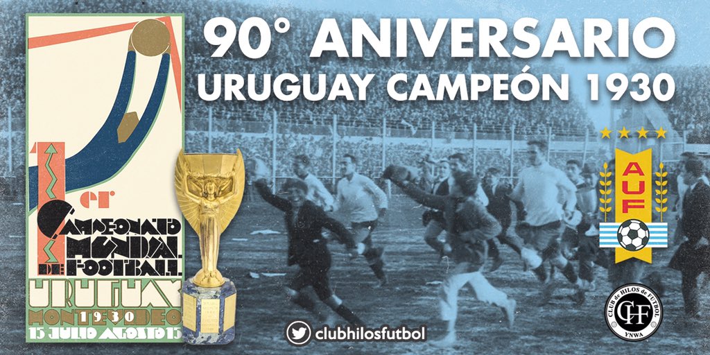 Un 30 de julio como hoy, pero en 1930, Uruguay se consagraba campeón del primer mundial de fútbol de la historia. A 90 años de esa hazaña, desde <a href="/clubhilosfutbol/">Club de Hilos de Fútbol</a> queríamos hacer un hilo 🧵 con 90 fotos que retratan ese increíble torneo. Pasen y vean...