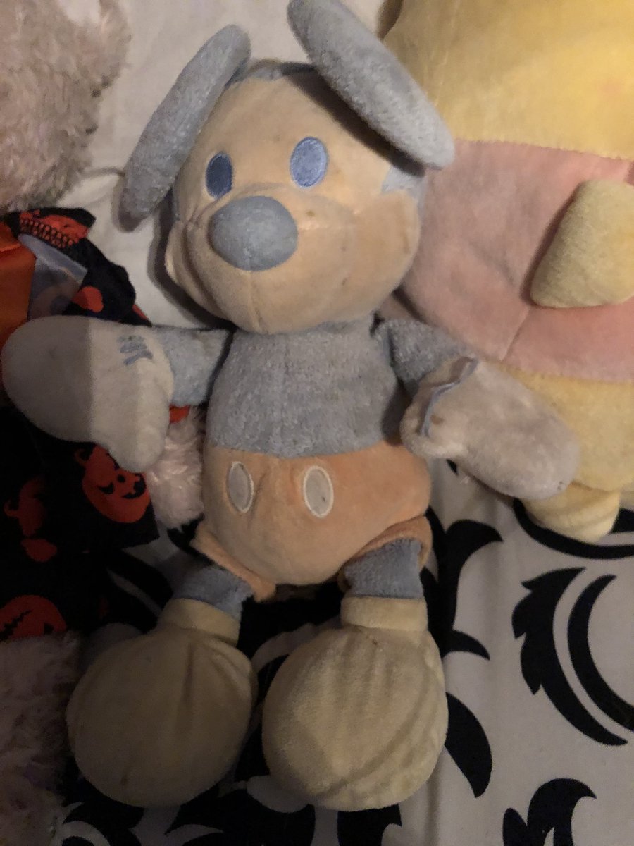 mickey: 8/10my first stuffed animal ever that my sisters gave to me when i was a baby. he’s in good condition, but very small and has some loose threads