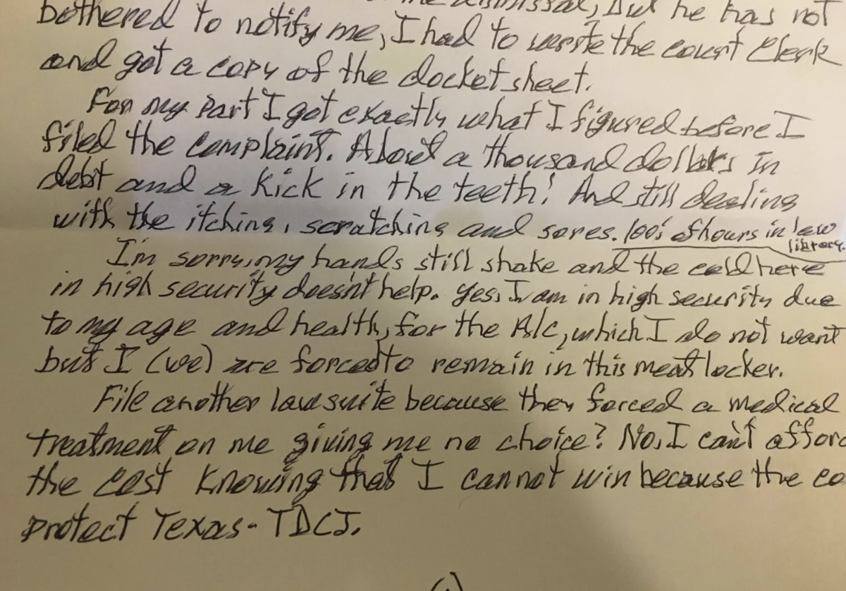 Remember the guy with a wool allergy who had to sue the Texas prison system to get a blanket he wasn't allergic to? 

He wrote me to say that the court tossed out his case. 

"I got exactly what I figured... about $1000 in debt and a kick in the teeth."