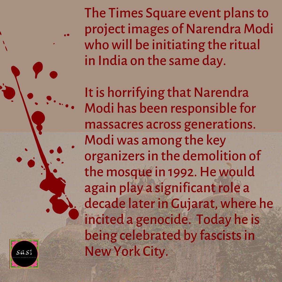 On the Vishwa Hindu Parishad, its role in the Babri Masjid demolition and killings, and its direct link to Modi who himself has orchestrated multiple massacres. The diaspora has always fueled this genocidal regime, but it’s time to turn the tide and say no to hindu nationalism!