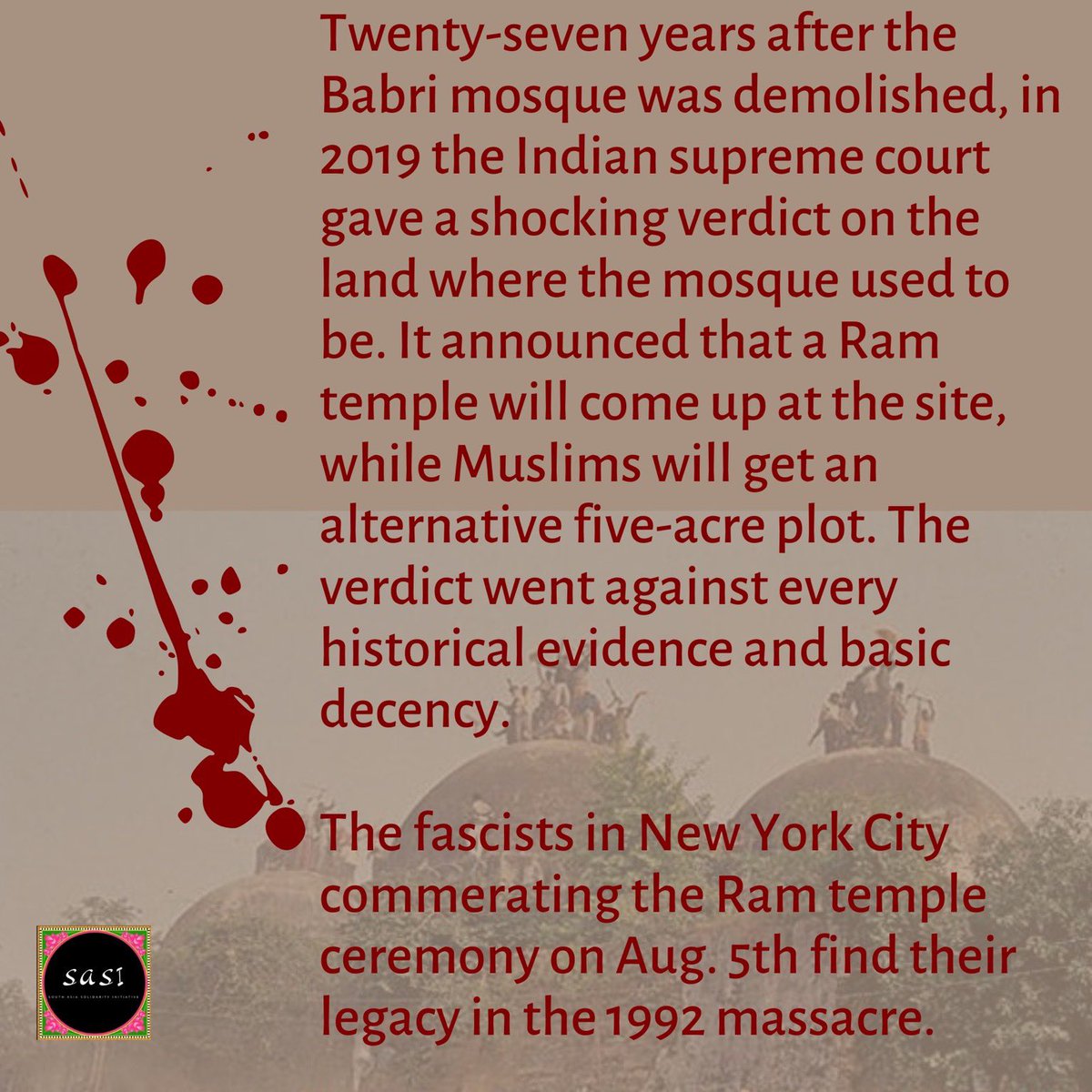 On the Vishwa Hindu Parishad, its role in the Babri Masjid demolition and killings, and its direct link to Modi who himself has orchestrated multiple massacres. The diaspora has always fueled this genocidal regime, but it’s time to turn the tide and say no to hindu nationalism!