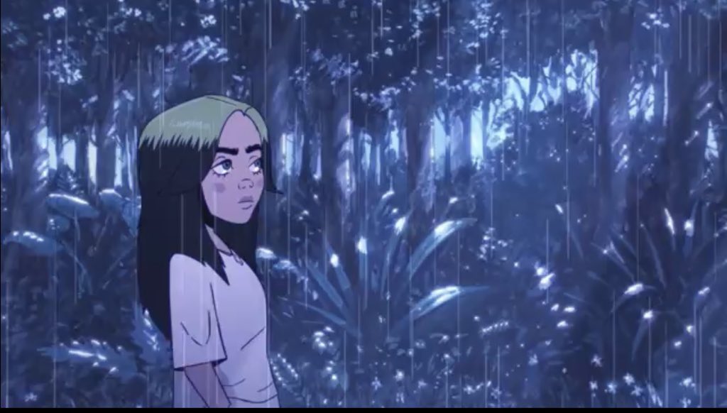 We then see the same EXACT same shots from the first half again in the second half, but with a big change:BLUE (meloncholy) vs. GREEN (life)RAIN vs. SHINEREFLECTION vs. GROWTHMOON vs. SUNNIGHT vs. DAYPAST vs. (MY) FUTUREEEEEE !!!