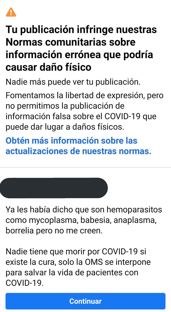 Y claro que no hay libertad de expresión. Facebook censurando la cura porque podría ser peligroso y recomendando seguir las instrucciones de la OMS jajajajaja ya que más pruebas quieren.