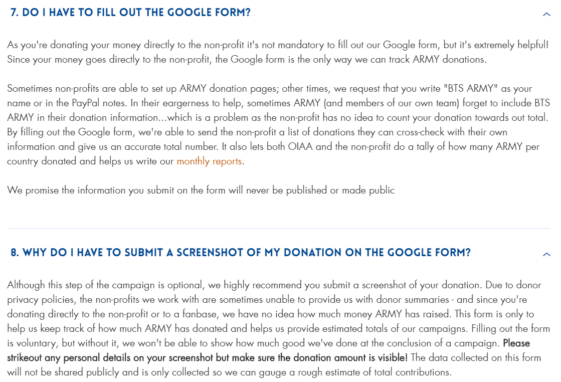 One In An ARMY FAQ4 Do I have to fill out the Google form? Why do I have to submit a screenshot of my donation?