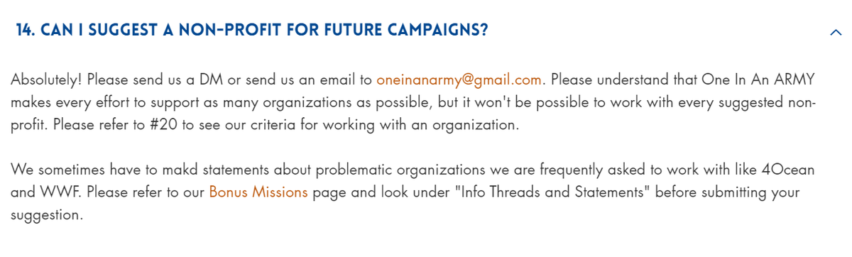 One In An ARMY FAQ6 Can I suggest a non-profit for future campaigns?