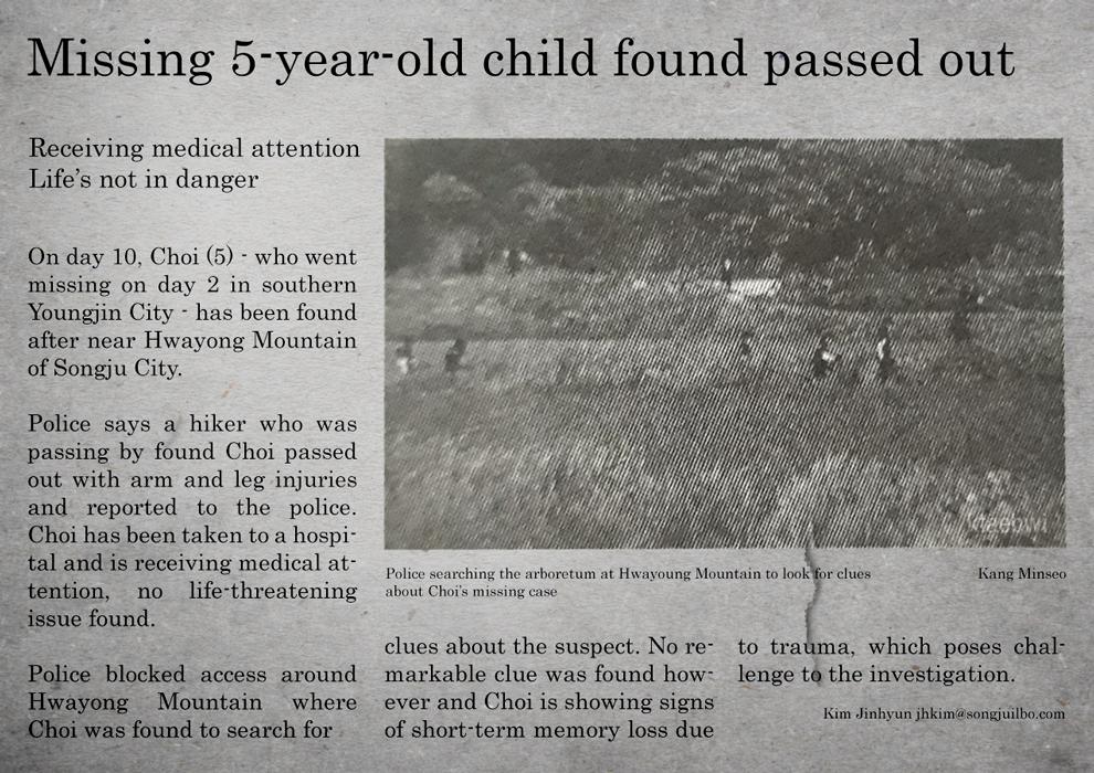 9. This newspaper article of a 5 year old boy named Choi who went missing and found unconscious and injured after 10 days near the arboretum on a mountain.Note:- Choi is from a different city- Youngjin not Songju- The arboretum is where 8 yr old Jimin suffered from some trauma