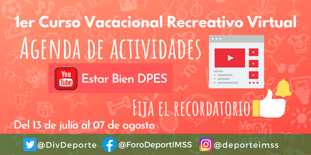 DIVDeporte's tweet photo. Actividades #CVRV2020 31 julio 2020
Activación Física para Adultos Mayores 8:00 horas
https://t.co/YXI0bycszb
Activación Física Familiar 9:00 horas
https://t.co/XzNq79wVOL
Clase Técnico Deportiva 12:00 horas
https://t.co/yulyFg6X6x
#IMSSDeporte #DivDeporte #EstarBien #SummerCamp https://t.co/QcOdaXeoTK