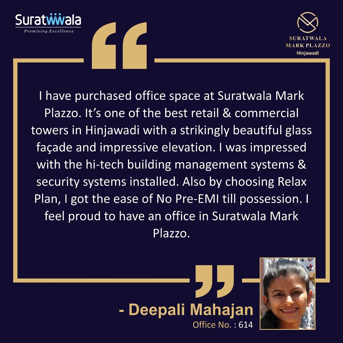 SuratwwalaBGL's tweet photo. #happyclients #customerfeedback #testimonials #Relax_plan #Prime_location #Property #Hinjawadi #suratwwala_business_group #suratwwala_mark_plazzo #commercial_space https://t.co/B4dmVdVxfP