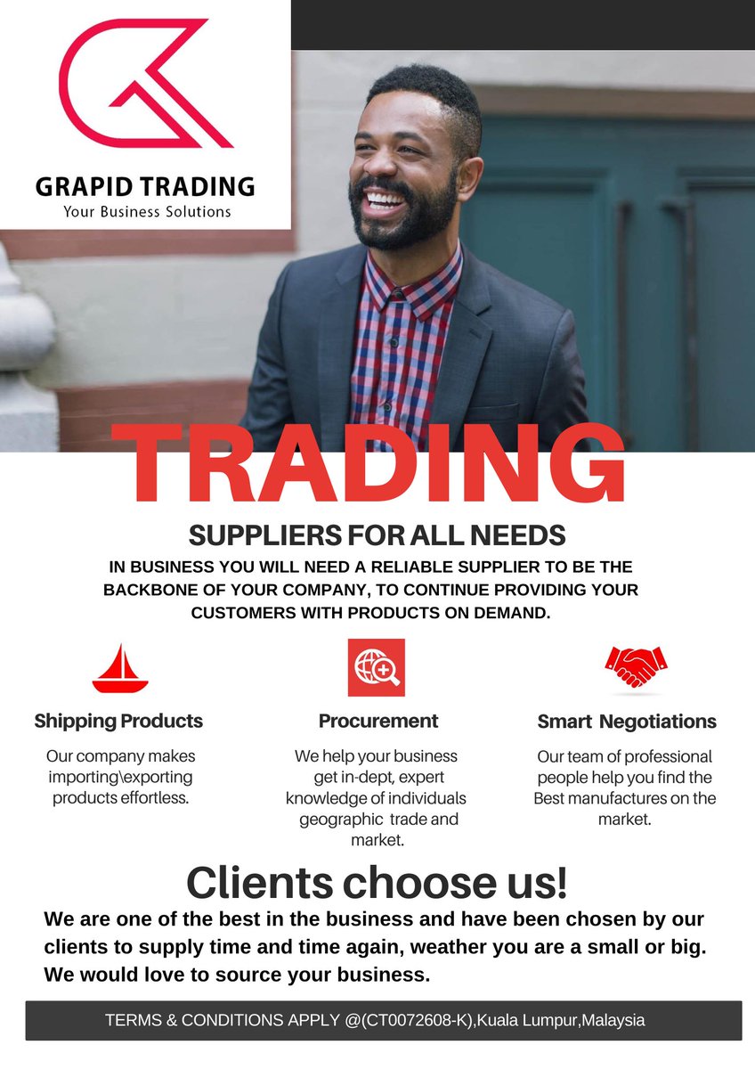 GrapidTrading's tweet photo. GRAPID TRADING,is a Procurement and Supply specialist based in Malaysia who is a dynamic champion driving the global procurement and supply market for various types of goods.
#procurement #sourcing #shipping #worldwideshipping #wordwideshipping🌍#supply #suppliers https://t.co/ceMeX96Afj