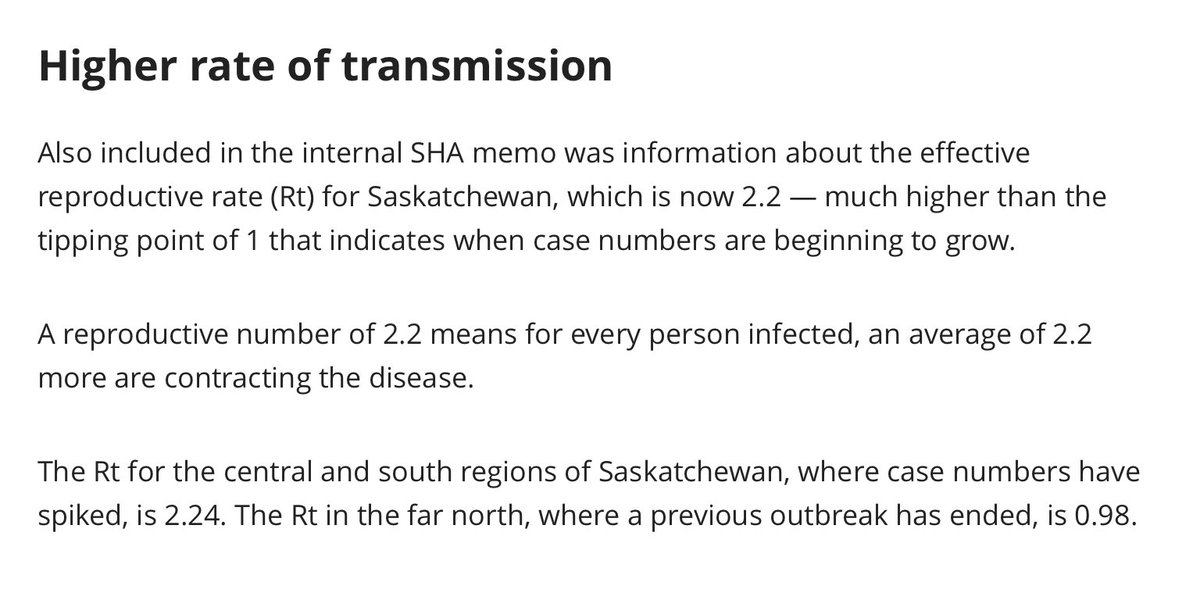 I missed the updates from yesterday. Thx to  @CPraillGlobal &  @MickeyDjuric for flagging this.R(t) value of  #COVID19SK is :R(t) = 2.2(July 27 estimate for Sask overall; SHA memo via  @CBCSask) R(t) = 2.9(July 29 estimate for Sask overall; Chief MHO at media update)  https://twitter.com/drannehuang/status/1289028683047395328