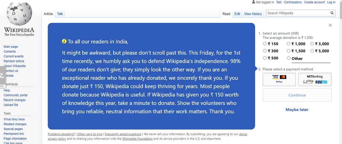 muthadevendra's tweet photo. @Wikipedia makes a awkward request for donations in India. Pitch asking for Rs.150! https://t.co/VWBoJX8NpA