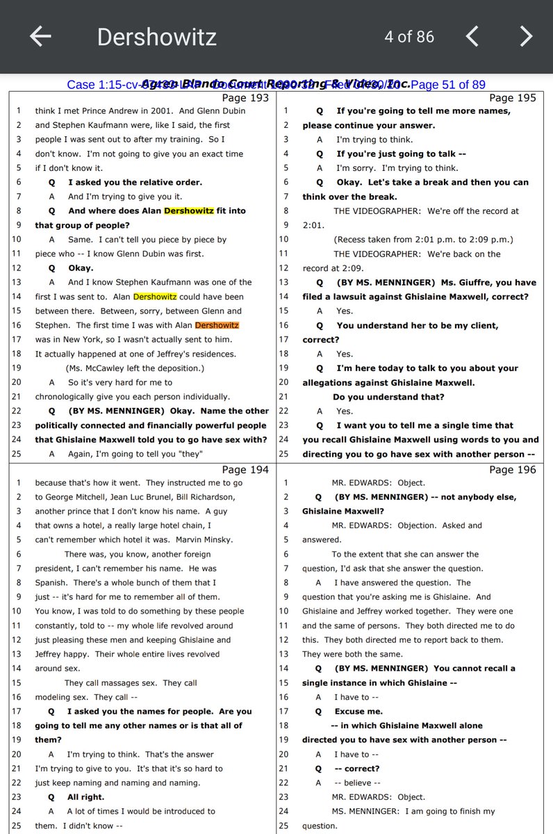 Alan Dershowitz named at least 86 times in released Giuffre vs. Maxwell docs. Prince Andrew, Bill Richardson, George Mitchell, Glenn Dubin, Marvin Minsky, Jean Luc Brunel, Stephen Kaufman, Thomas Pritzker, prince & hotel owner also included. #Epstein #EpsteinFiles #MaxwellFiles