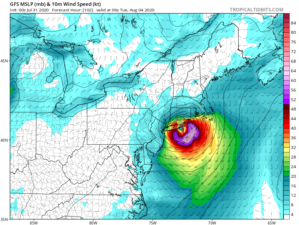 hurrtrackerapp's tweet photo. 0Z GFS also shows that you folks in New England could be under the gun early next week. Stay tuned and follow the official NHC forecast. #onemodelrun #Isaias https://t.co/I6zZOkaWCS