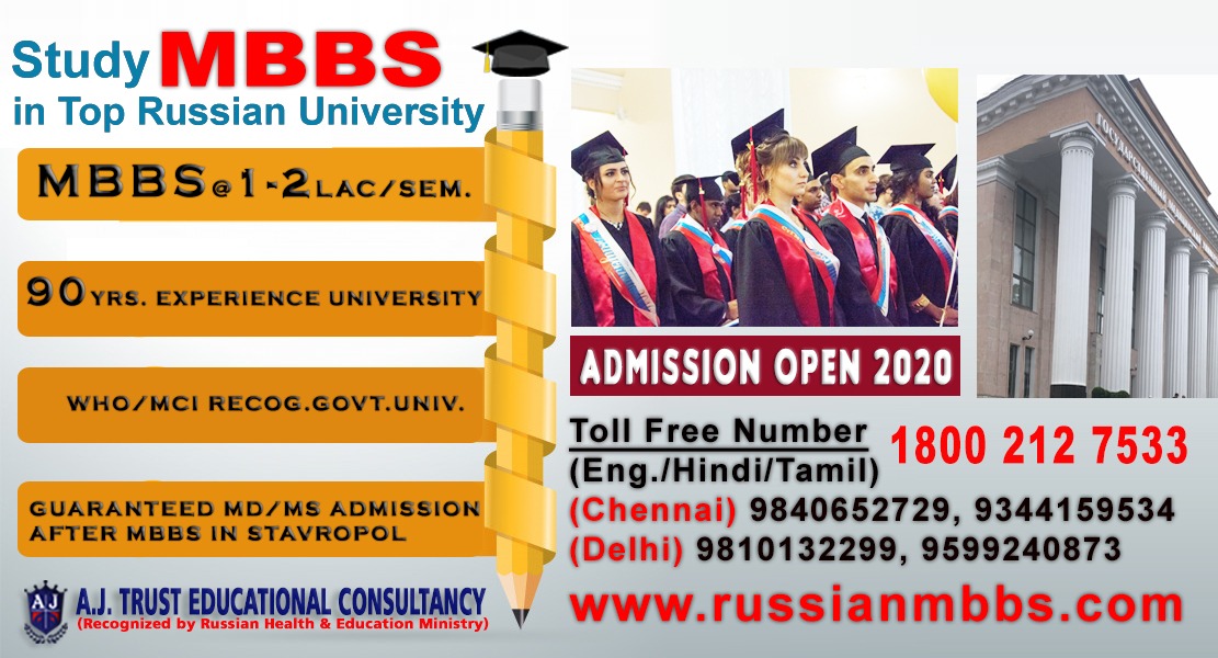 MBBS @ 1 - 2 Lakhs per semester, admissions for 2020 - 21 in Top Russian Universities
AJT Educational Consultancy - Recognized by Russian Health &amp; Educational Ministry

Logon to : russianmbbs.com for more details
