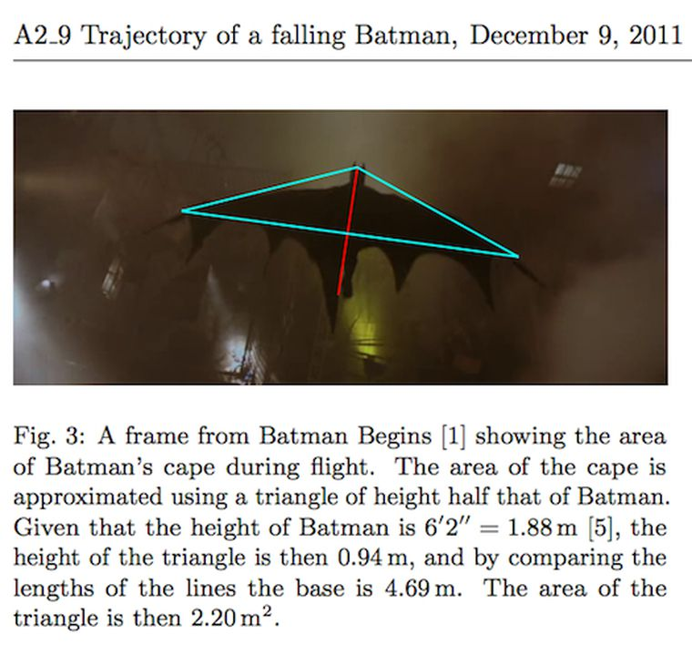 This research paper provides good insight:  https://www.syfy.com/syfywire/scientists_explain_why_ba W/ the 15’ wingspan like in  #BatmanBegins, Batman can travel great distances with ease, but couldn’t land safely, clocking a speed of 50 mph as he approached the ground.