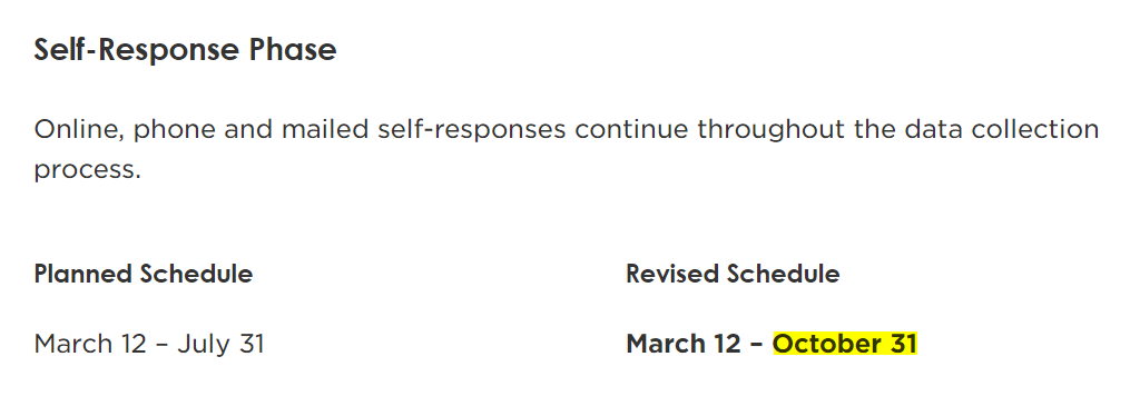 5. It is unclear if the Census Bureau will keep collecting  #2020Census responses online, over the phone & by mail through Oct. 31. (I've asked the bureau's public info office.)But the bureau is scrubbing that date from its website:July 30 (left) v. July 31 (right)