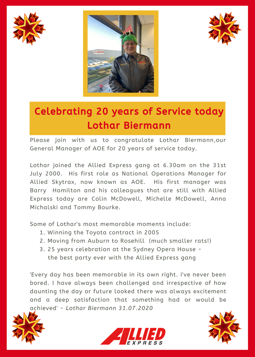 Please join us in congratulating one of our finest team members - Lothar Biermann for 20 years’ service at Allied Express today.  Thank-you Lothar for your contribution. #alliedexpress #team #homedelivery