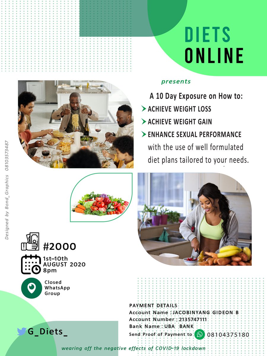 g_diets_'s tweet image. Information + good choices =Health

with just N1000 you will have access to information worth N20,000 capable of saving you N100,000s of Naira in hospital and drug bills.

first 10 people to pay get instant multipurpose 1 month diet plan valued at N7000

Hurry!!