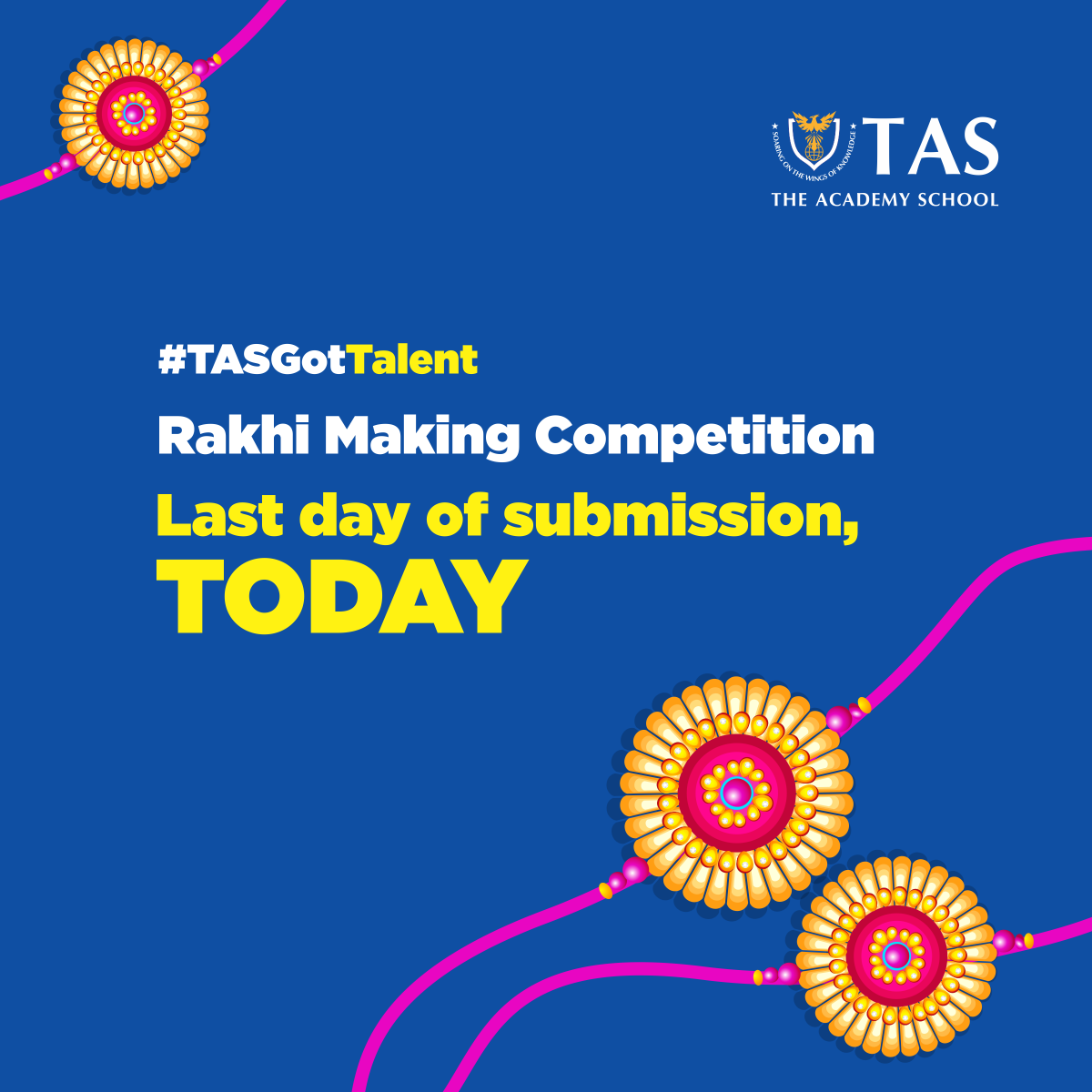 TASchoolIndia's tweet photo. Last day today!
TASians, hurry up if you haven't submitted your hand-made rakhi pictures yet. Please note, no entries will be accepted post 26th July
Here's the link to submit artwork: https://t.co/wuWNcy5KOp 
#TAS #HappyAtHome #TASGotTalent #RakhiMakingCompetition #Pune https://t.co/LCs5jRHvy7