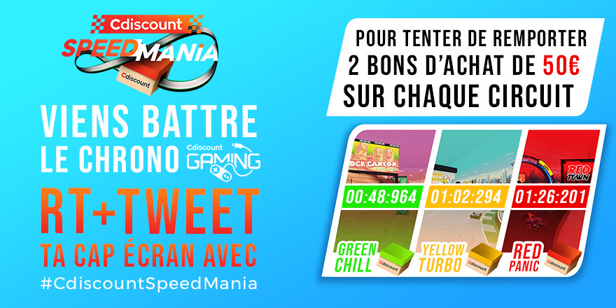 Cdiscount's tweet photo. 🎁 CONCOURS 🎁
Tu n'as pas (encore) réussi à faire le meilleur chrono sur les circuits #SpeedMania ? 🏁 Pas de problème, viens battre nos temps pour tenter de remporter des bons d'achat de 50€ !

👉 RT + TWEET la cap' écran de ton meilleur chrono avec #CdiscountSpeedMania 👈 https://t.co/kvfGGcMHrb